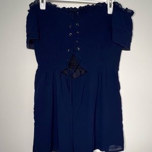 Fashion Nova Blue romper off shoulder ribbed top and mesh materiel